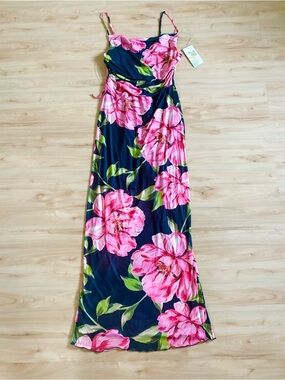 Persaya Maxi Dress Black With Pink, Stretch Mesh Bodycon Ruched  Size L